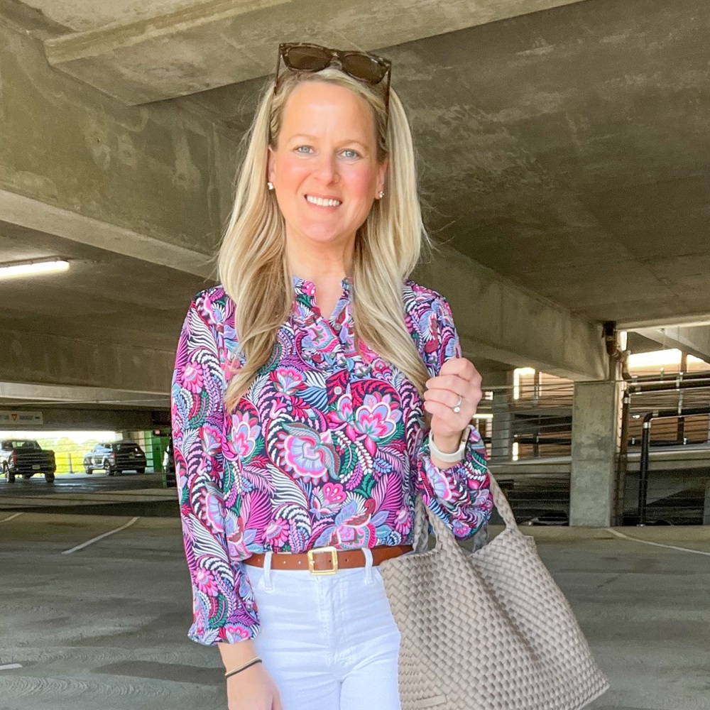 LOFT Paisley Stand Collar Henley Blouse